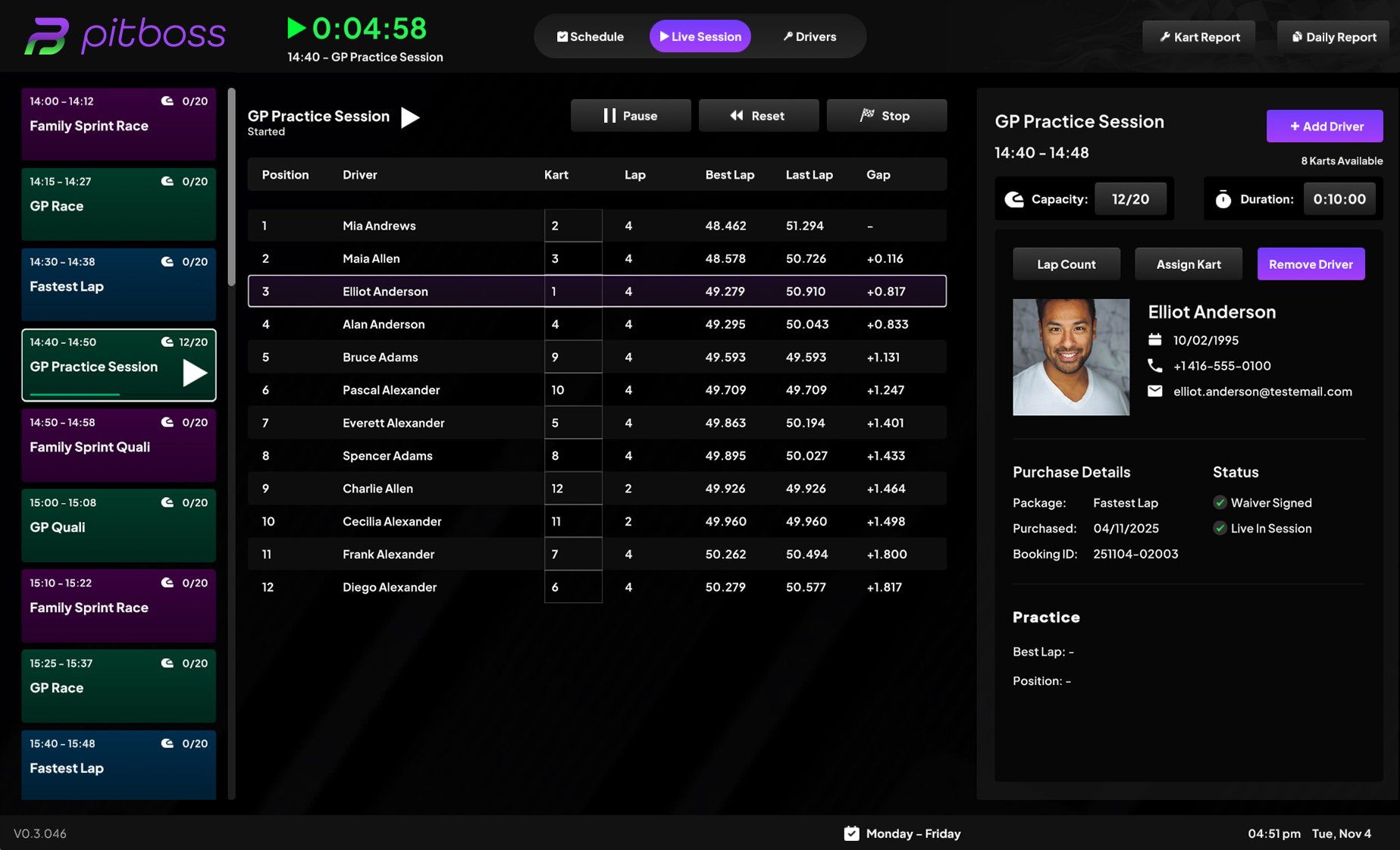 PitBoss live session screen